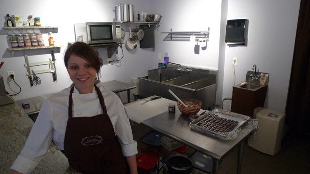 Rachel Zoe Insler in her prep kitchen, which takes up most of the Bespoke Chocolate’s 280 square feet. The shop opened yesterday on Extra Place. 
